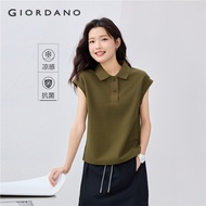 GIORDANO Women Polo Shirts Cool-Touch Polo Shirts Wide Button Placket Cap Sleeve Summer Fashion Casu