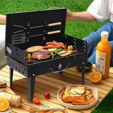 44*27*7cm Portable Square Charcoal Grill Black