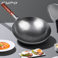 Fypo Cast Iron Wok 30/32/34cm Chinese Traditional Iron Wok with Detachable Wood Handle Frying Pan Uncoated Iron Pot Non-stick Pan Gas Cooker Kitchen Cooking Tools