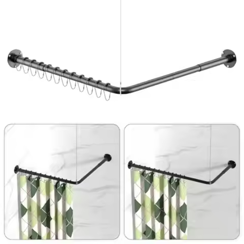 L Shaped Shower Curtain Rods Adjustable 23''-69'' X 23''-69'' Corner Shower Rod with 12 Shower Curta