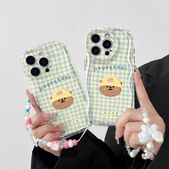 For VIVO V2026 V2027 V2029 V2043 Blue checkered teddy bear pattern phone case with phone chain