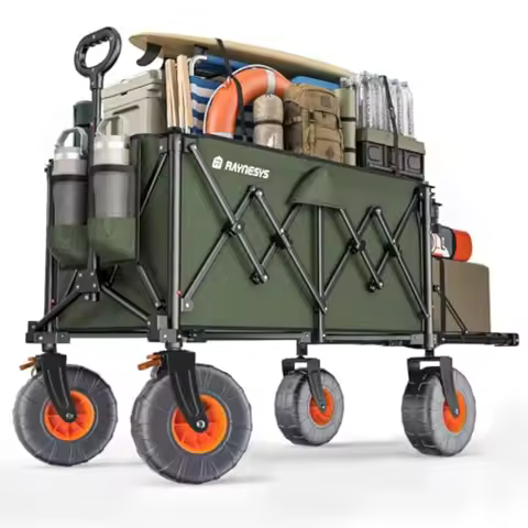 Beach wagon for sand use green heavy-duty foldable cart with 9x4 all-terrain wheels rear tailgate 20