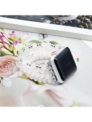 手編波西米亞風手鍊智能手錶表帶，適用於Apple Watch 38mm、40mm、41mm、42mm、44mm、45mm、49mm Series 9、8、7、SE、6、5、4、3、2、1女性時尚可愛手工水晶珠彈性手錶帶（乳白色）
