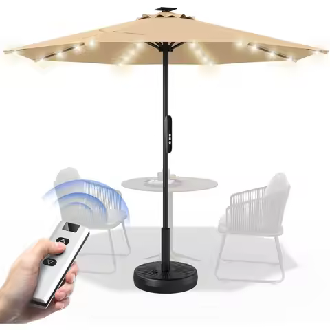 9FT Motorized Electric Patio Umbrella with Remote Control&Solar Lights Outdoor Umbrella with 30° Aut