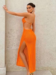 SHEIN BAE 橙色鉤織女士長裙非常適合度假、音樂節、約會晚餐、海灘派對,特色是開放式背部、領口、高衩、低腰、緊身及透視設計。
