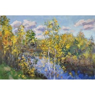 Autumn Painting Lake Landscape Birch Tree 油畫原作 Original Art Nature Plein Air