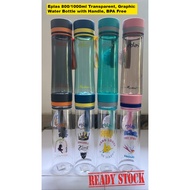 EPLAS 800/1000ml Clear & Graphic Transparent Water Bottle with Handle, Tumbler, Botol Air, BPA Free 