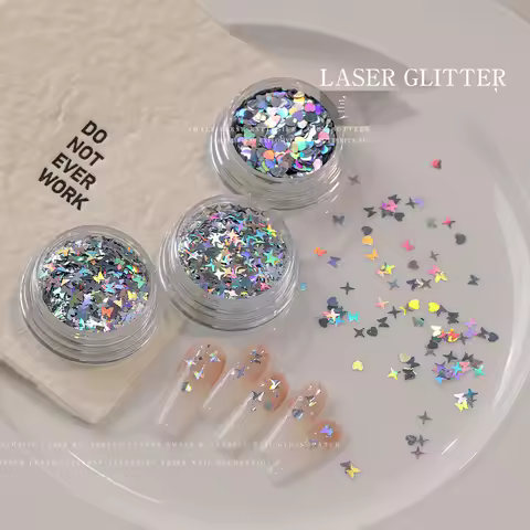 3 Bottles Holography Glitters 3mm Heart Shape Butterfly Four Pointed Star Nail Glitter Fine Nail Sha