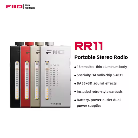 FiiO RR11 Portable HiFi FM Stereo Radio Receiver with analog PVR tuning, BASS+3D sound effects, 64MH