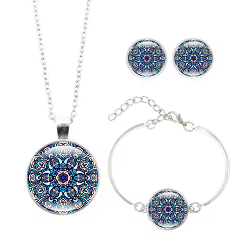 Mandala Flower Jewelry Sets Pendant Necklace Bracelet Earrings Sets Glass Cabochon Religious Buddhis