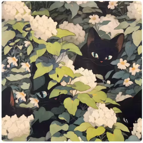 Cartoon Style White Flower Black Cat Print 100% Cotton Fabric for DIY Shirt, Pocket Gold Coin Holder