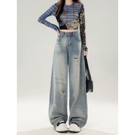 [Cherry Seven] Jeans American Retro Wide-Leg Blue Floor Pants Slimmer Look y2k Pear Shape Friendly S