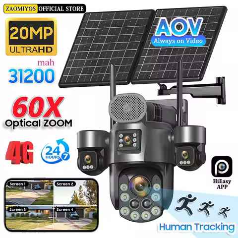 60X Optical Zoom Home Surveillance Solar Cameras 4G Security Protection Auto Track 24/7 Record 4 Scr