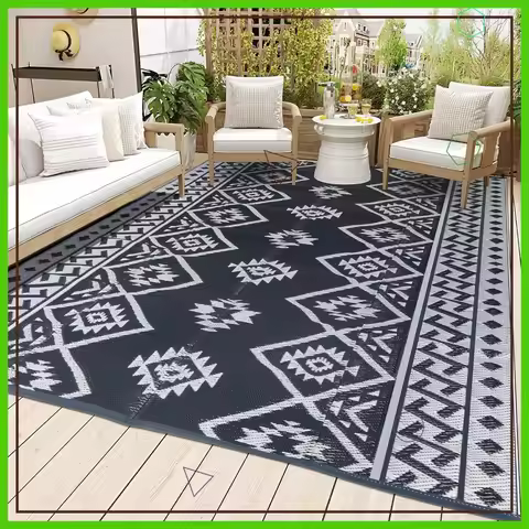 9x12 ft Outdoor Waterproof Plastic Straw Rug for Camping, RV Mat, Deck, Backyard, Picnic with Stakes