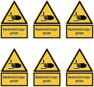 Sticker 75 x 50 mm, Pack of 6 – Hand Injury – Warning Sign with Text (German) (Yellow/Black) – Dreic
