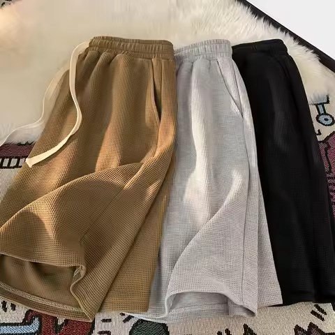 Men's Fashion Shorts New Brand Casual Waffle Luxury Loose Trunks Multi Colors Male Knee Streetwear K