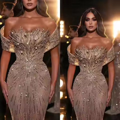 Customized Glitter Evening Dresses Pearl Sequins Mermaid Prom Gowns Off the Shoulder See Through Par