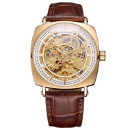 ⌚FORSINING Gold Black Mechanical Watch Hollowed-Out Nail Scale Mechanical Watch Belt Watch นาฬิกาสี่เหลี่ยม