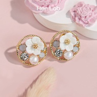 Her Lab Jewelry | Round Pearl Flower Stud Earrings Ladies Summer Designer Earrings S925 Silver Needl