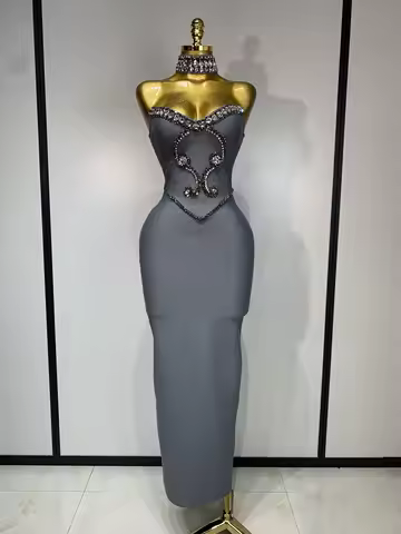 High Quality Strapless Beading With Necklace Bandage Dress Celebrity Elegant Evening Party Fancy Clu