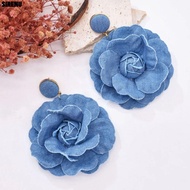 SIRENU Denim Blue Fabric Earrings, Ornament Handmade Blue Rose Earrings, Denims Exaggerate Flower Ea