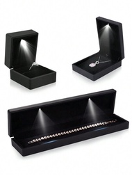 3入組豪華手鍊盒附有 Led 燈,戒指盒,掛墜盒,優雅的鑽石手鍊盒,用於獨特的求婚、訂婚或婚禮,矩形黑色絨布內飾珠寶展示禮盒。