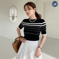 💥[A122] Áo len thun nữ Montoghi dệt kim họa tiết XƯƠNG CÁ tay ngắn độc đáo phong cách Hàn Quốc - L2M