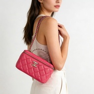 Chanel 24P水鑽手柄長盒子包桃紅淡金扣羊皮帶鏡子16*9.5*8 98新配件塵袋