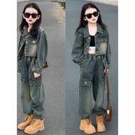 Girls' Autumn Denim Jacket & Pants Set - Stylish Fall Outfit 2024