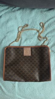 Celine vintage 經典鏈條斜挎包 中古包 CELINE 棕花化妝包鏈條包雲朵包斜揹包斜挎包手拿包單肩包