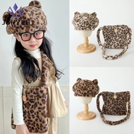 Girls Leopard Caps Bag Sets Fashion Beret Children Autumn Winter Plush Hat Baby Accessories Messenge