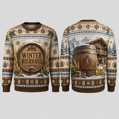 Ugly Christmas Sweater Beer Lover Bavarian Beer Hall Theme Funny Xmas Crewneck Sweatshirt 3D Printed