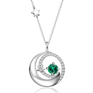 Moon Star Necklace, Emerald May Birthstone Necklace for Women 925 Sterling Silver Pendant Green Fine