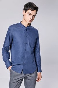 G2000 - 男士 100%全棉立領格紋梭織長袖恤衫 (海軍藍色)