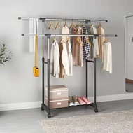 Adjustable Cloth Rack Stand Double Pole with Wheels Shoes Shelf Sampayan ng Damit