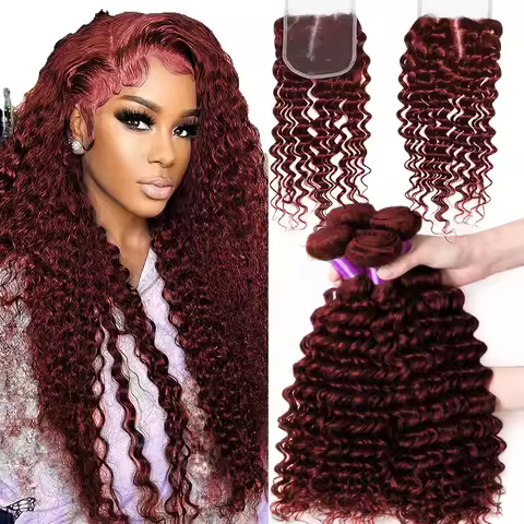 Reddish Brown Human Hair 1/3/4 Bundles with 4X4 13X4 Closure Deep Wave Lace Frontal Human Hair Weave