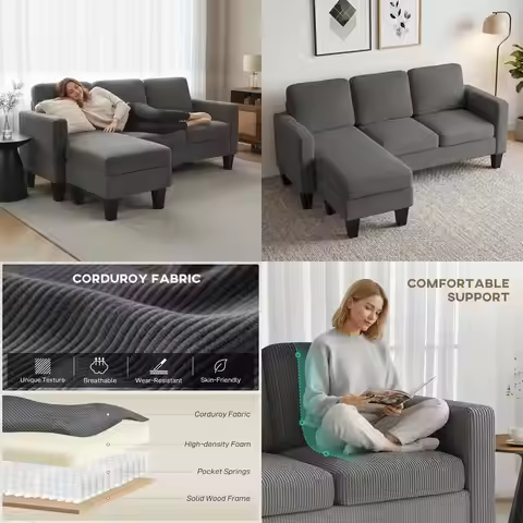 73 Gray L-Shaped Sectional Sofa with Reversible Chaise and Ottoman, Corduroy 3-Seat Living Room Furn