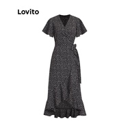 ►✁ Lovito Boho Floral Print Split Deep V Neck Lace Up Long Dress for Woman L12014 (Green)