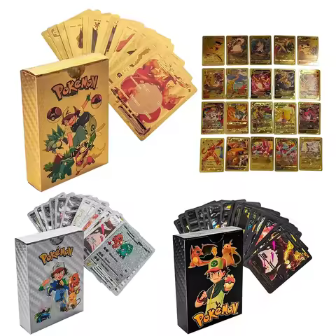 55Pcs Gold Foil Cards Golden Letters English French German Game Card Metalicas Charizard Vmax Gx Ser