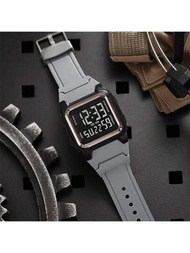 1只男女款黑色tpu材質方形運動電子手錶,帶有日曆、秒表、鬧鐘、時間、發光顯示,戶外休閒風格,適合日常佩戴和裝飾。