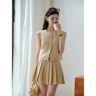 Chillcozy Chiang Mai Rainy Season ชุดสองชิ้น ผ้าลินิน เส้นด้ายผสม พลีท Mini กระโปรง ทันสมัย ผู้หญิง