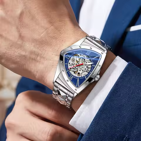 Creative Triangel Design Sketelon Mechanical Wristwatch for Men Stainless Steel Band Autuomatic Watc