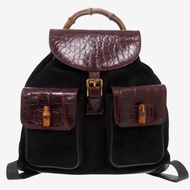 二手 Gucci Bamboo 003, 58, 0016 鱷魚皮/絨面革RED/黑色背包/日用背包，紅色/黑色，0802。