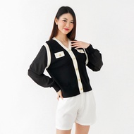 QUEENTIN Cardigan Wanita Rajut 6903 Mix Knit Motif Salur Kombinasi Sifon Polos Lengan Panjang