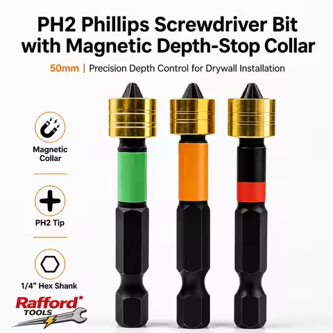 Rafford PH2 Magnetic Drywall Screwdriver Bits 50mm Depth Stop Collar 1/4" Hex Shank Phillips Screw B