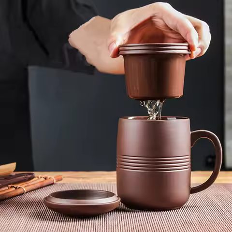 Yixing-Raw Ore Purple Sand Cup with Cover Filter Liner, Health Tea Cup, Pure Handmade Tea Cup, Offic