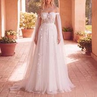 Elegant Open Shoulder Wedding Dress With Sheer Chiffon Shawl Sleeves And Delicate Floral Appliques -