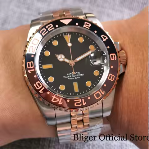 BLIGER Fashion 100M Waterproof NH35A PT5000 Two Tone Rose Gold Automatic Men Watch Jubilee Bracelet 