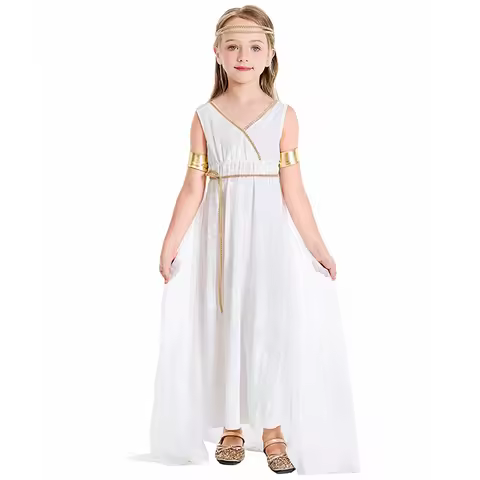 Kids Clothes Costume Ancient Roman Toga Dress for Girls Halloween Party Outfit with Gold Headpiece A