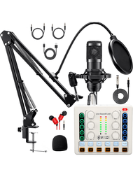 一套播客設備，包括配有語音轉換器和電容式錄音室麥克風的黑色BM-800播客麥克風套裝，以及用於筆記型電腦的現場音效卡 - 音頻接口，適用於現場直播和Vlog錄製。